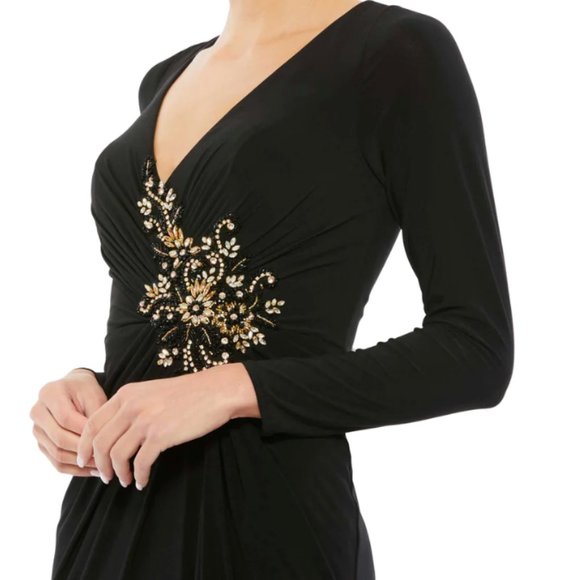 MAC DUGGAL 67848 FAUX WRAP LONG SLEEVE APPLIQUE DETAIL BLACK GOWN sz 10 - Picture 4 of 7